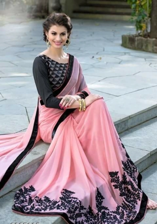 MOSS CHIFFON Pink Embeoiderd SAREE Vichitra Silk - Free Size, Pink, Chiffon, Embroidered, Pack of 1